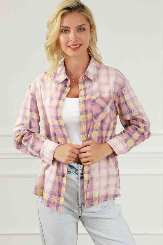 Plaid Button Up Collared Neck Long Sleeve Shirt