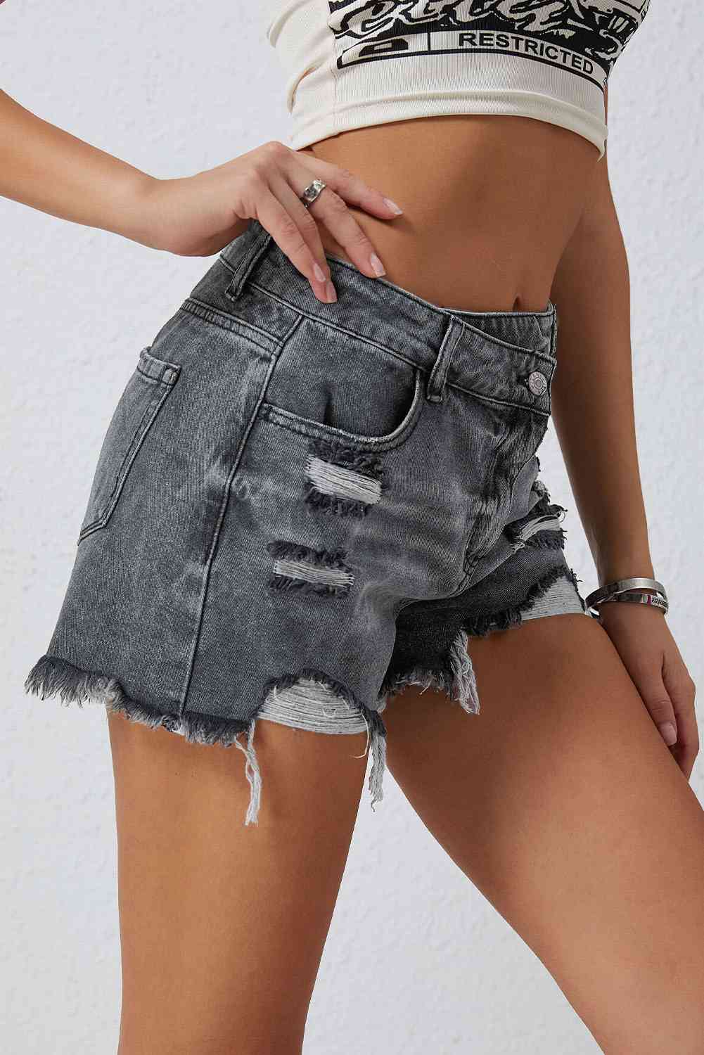 Asymmetrical Distressed Denim Shorts