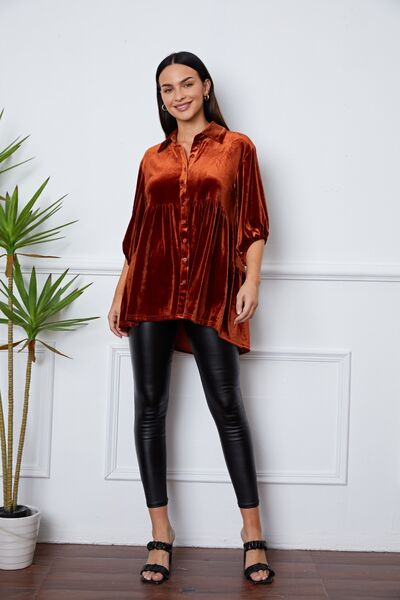 Velvet Tiered Button Up Collared Neck Shirt