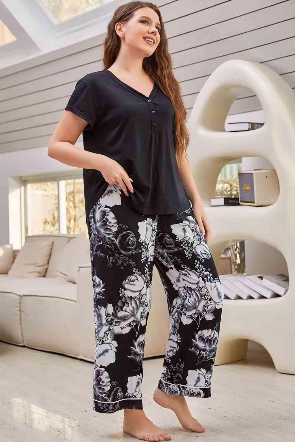 Full Size V-Neck Top and Floral Pants Lounge Set