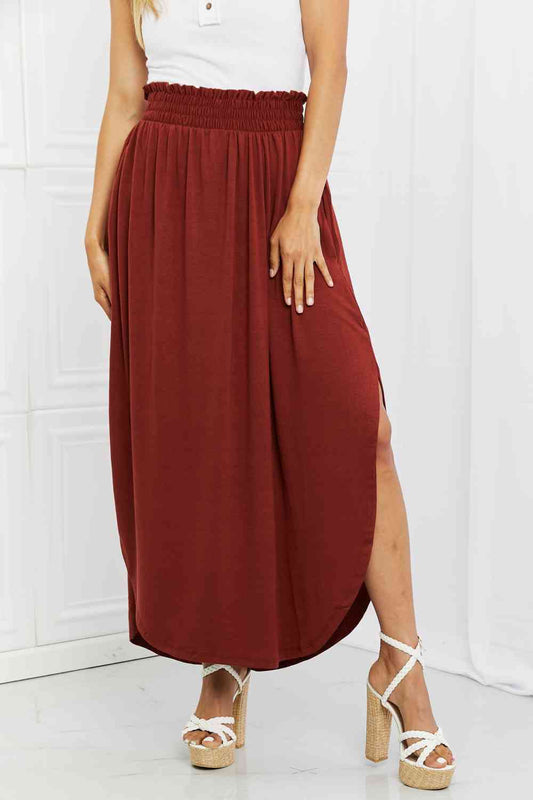 Zenana It's My Time Full Size Side Scoop Scrunch Skirt in Dark Rust