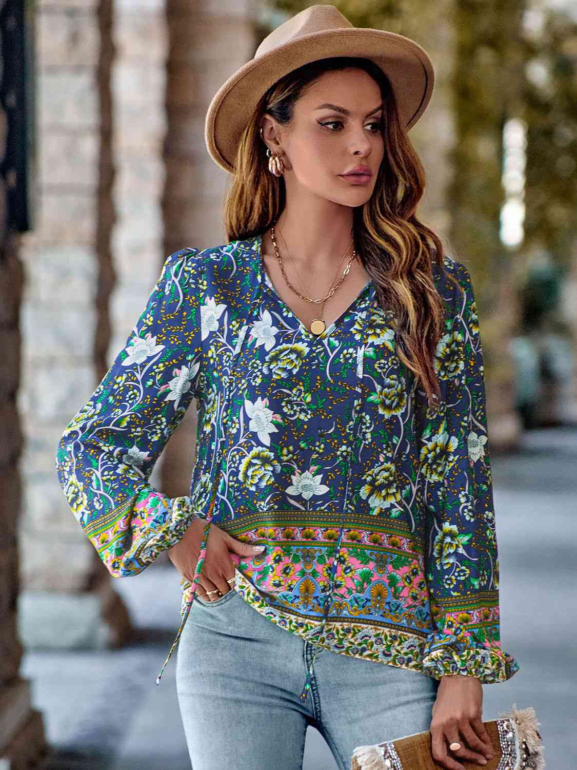 Printed Tie Neck Long Sleeve Blouse