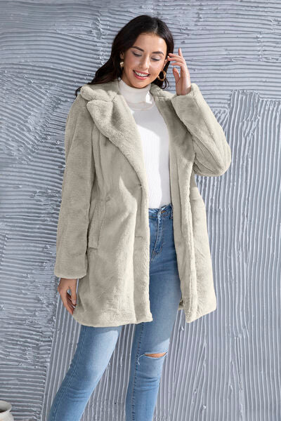 Fuzzy Button Up Lapel Collar Coat