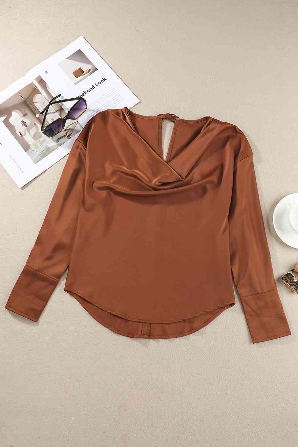 Cowl Neck Dropped Shoulder Long Sleeve Back Tie Blouse