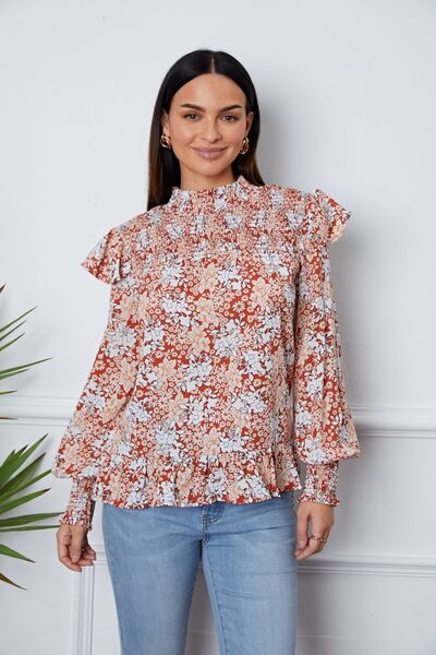 Floral Smocked Lantern Sleeve Ruffled Blouse