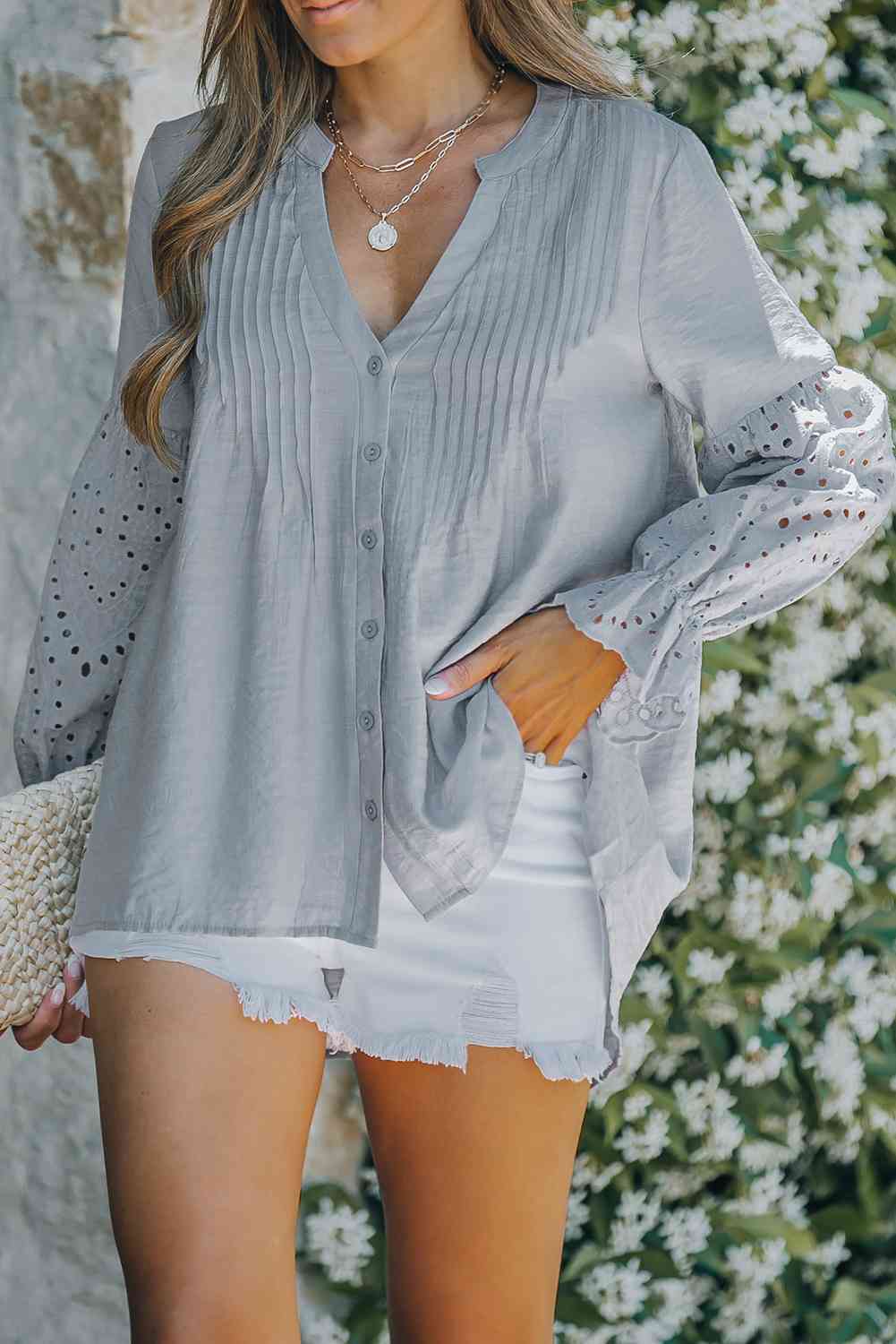 Eyelet Button Front Notched Neck Blouse