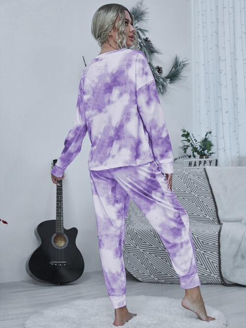 Tie-dye Round Neck Top and Drawstring Pants Lounge Set