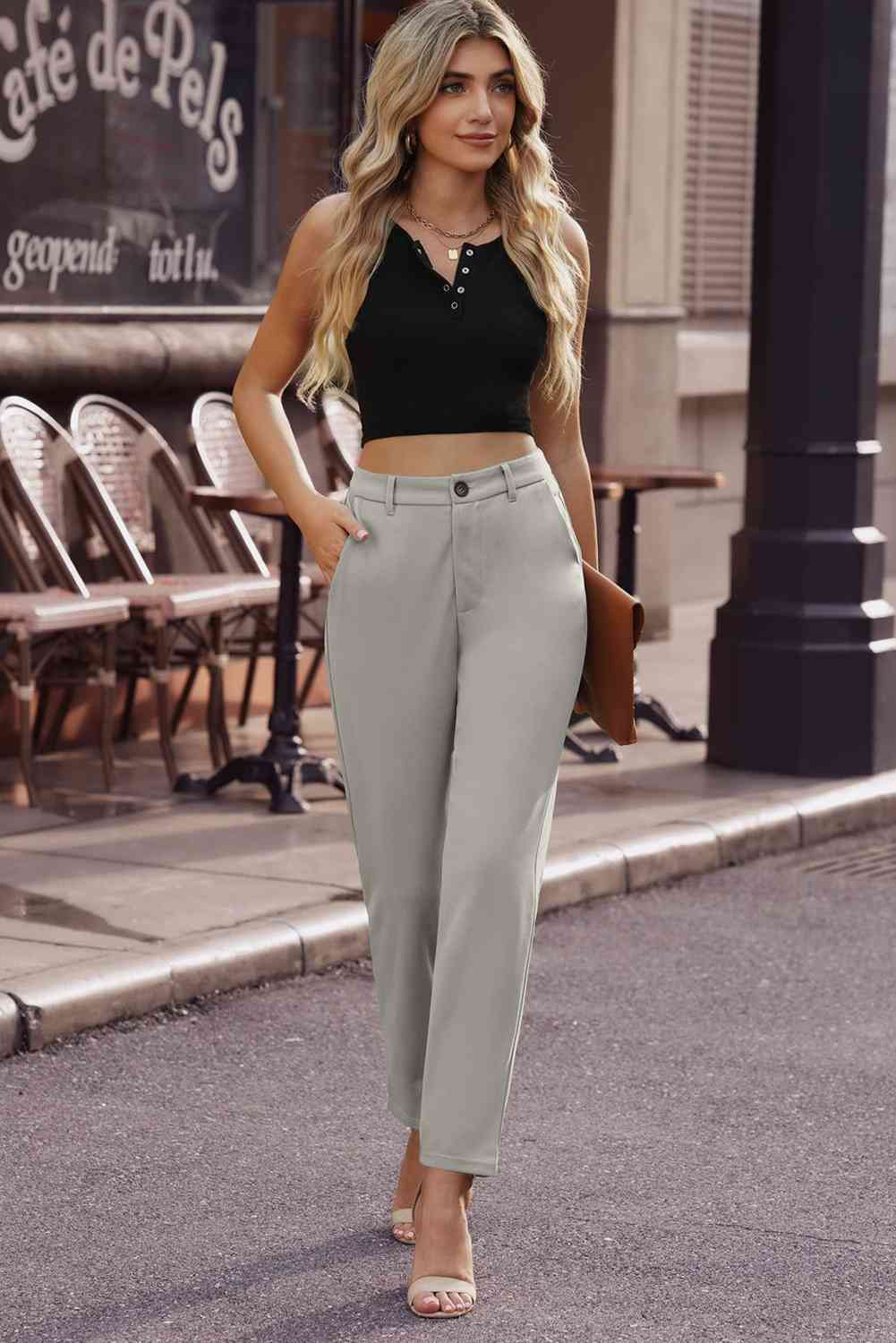 Ankle-Length Straight Leg Pants with Pockets