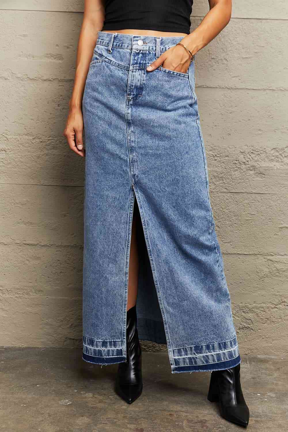 Front Slit Maxi Denim Skirt