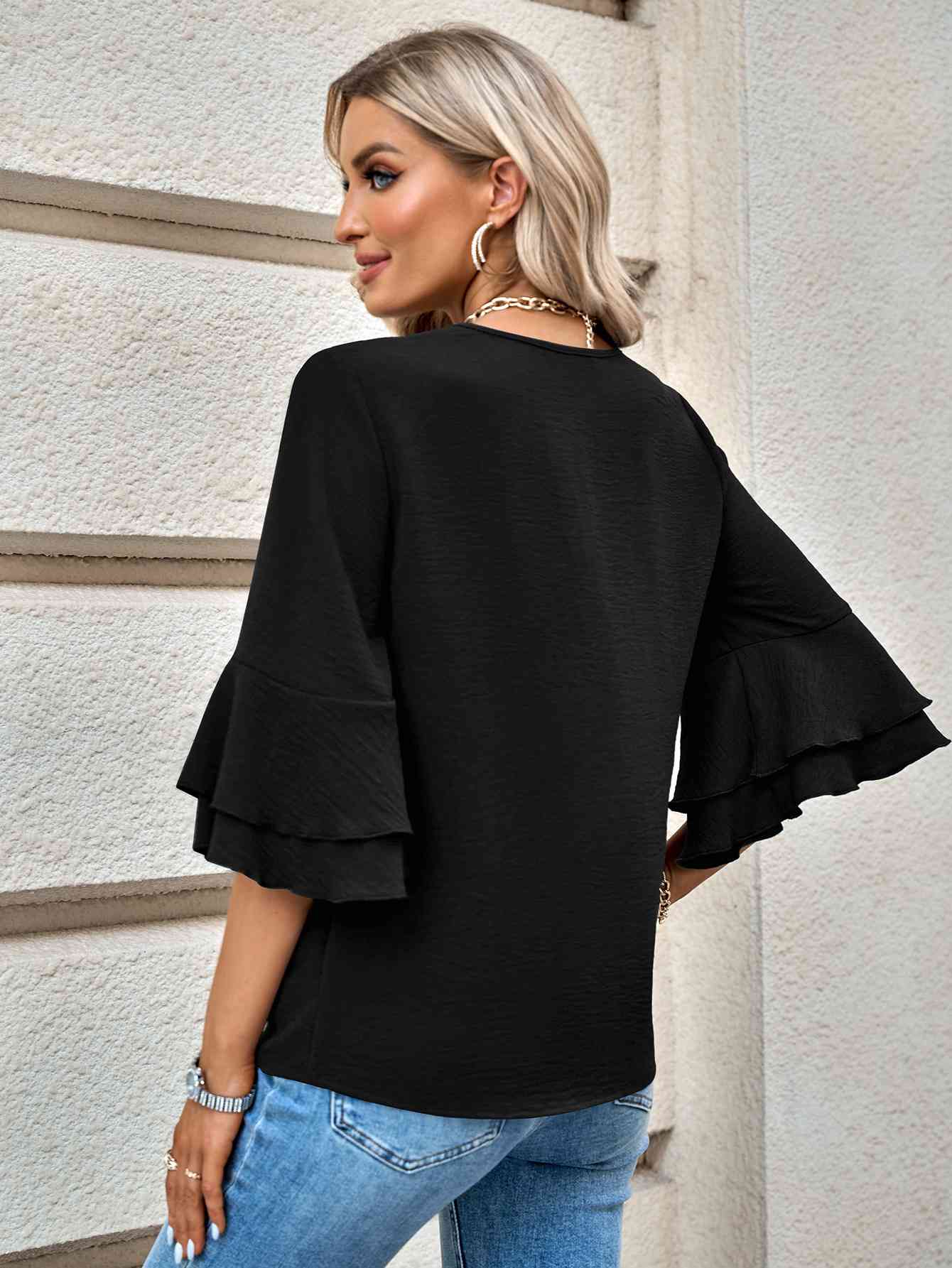 Layered Flare Sleeve Textured V-Neck Blouse