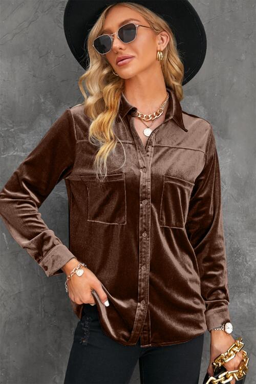 Button Up Collared Neck Long Sleeve Velvet Shirt