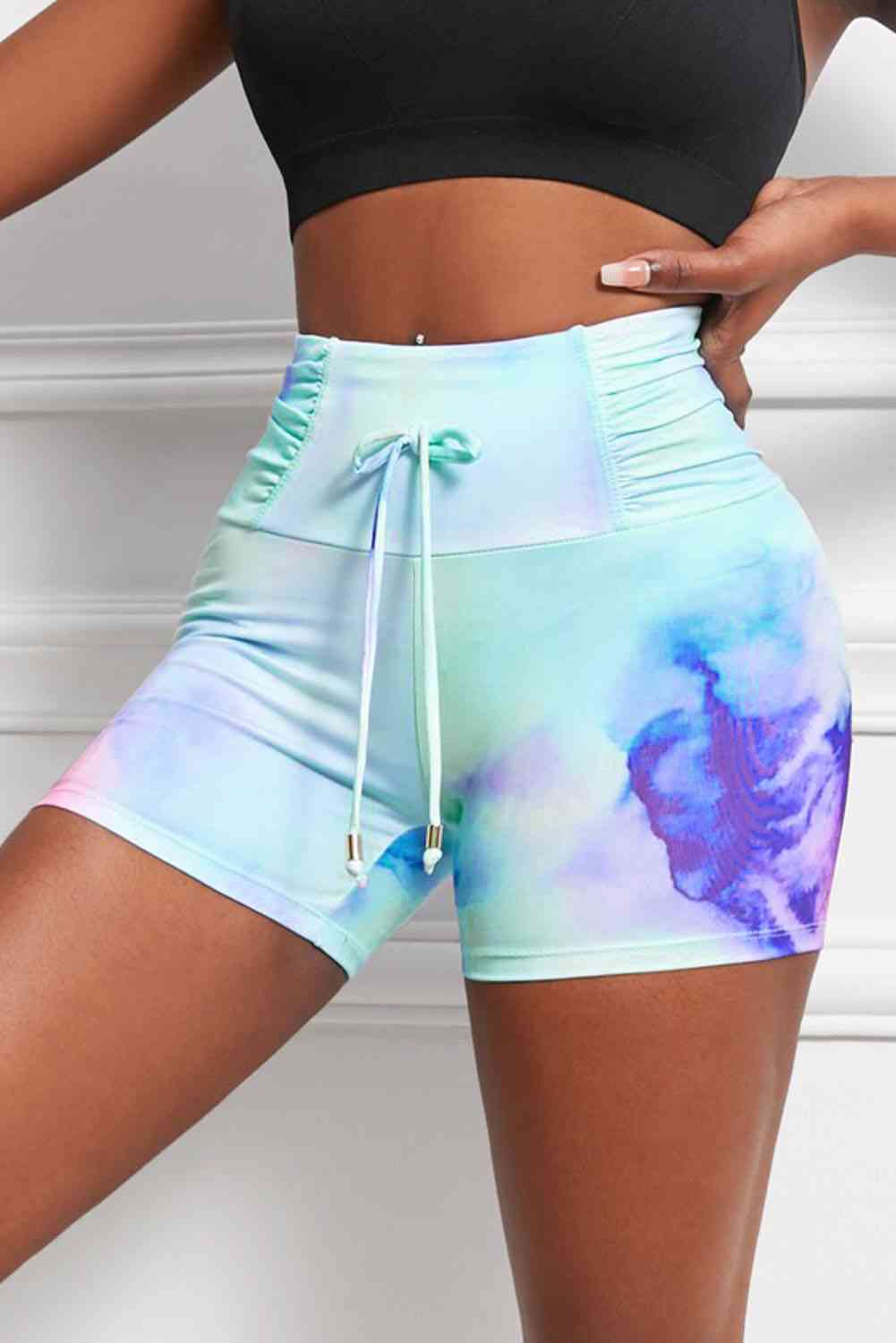 Tie-Dye Tie Detail Ruched Sports Shorts